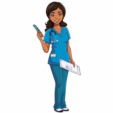 a white background of clip art of A caring nurse in colorful scrubs holding a clipboard.