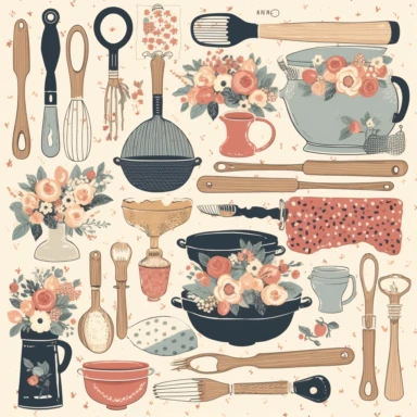 Charming Farmhouse baking collection includes farmhouse mixing bowls, kitchen clipart, wooden spoon clipart, baking clipart, gingham clipart, floral clipart, oven clipart, retro mixer clipart, color palette #D8D9D0 #A68365 #BF9793 #8C5656 #F2F2F2, white background, symmetrical pattern, watercolor illustration, white space around every single image, single elements, 8k