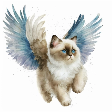 ragdoll kitten with angel wings flying, cute, watercolor, white background, clipart