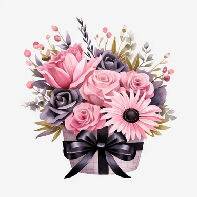 watercolor pink and black birthday flower bouquet drawing, illustration clipart, high detailed, white background, digital art