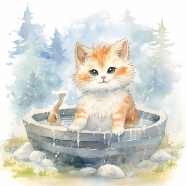 watercolor illustration, kitten smiling with an open mouth and with a towel over the head and enjoying a hot spring, surrounded by gentle steam rising from the onsen water, feeling the pleasant sensation. Small bubbles dance through its fur, creating a mysterious yet beautiful sight. The cat stretches out, gradually unwinding, as the warmth of the onsen melts away the tension in its muscles. It gracefully savors the serene atmosphere and the gentle touch of nature, embracing the tranquility of t