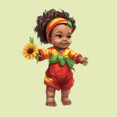 Happy baby juneteenth girl with red, green, yellow cloths and flower, full body, hand draw Illustration clipart, 4K, extremely detailed