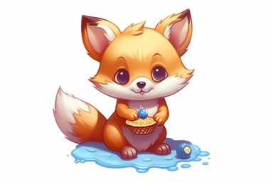 cute anime baby fox eating slice of cake clipart, fruit around, hd, on white background, spaced out