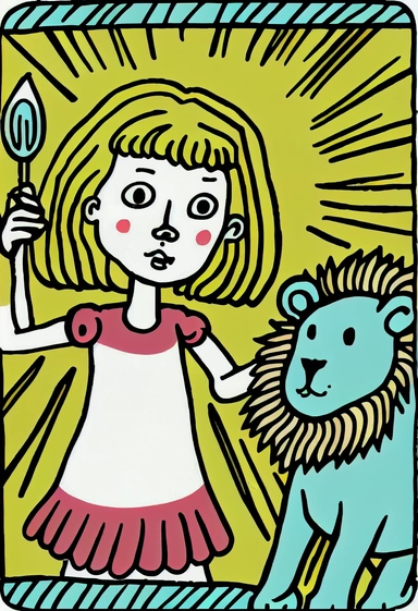 a girl taming a lion, tarot card, cartoon style, funny style, Katharina Madesta style, line art, coloring page for kids, printable, thin lines, no details, no shadow, crisp lines, illustration, vector, clipart