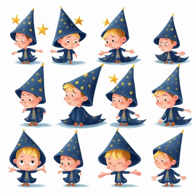 Gary the little wizard, a little wizard character, multiple cute poses and cute expressions, children's book illustration style clipart, simple, cute, full colour, royal blue pointy wizard hat, royal blue robe with yellow star patterns, black shoes, royal blue clothes, blonde unkempt hair, flat colour,