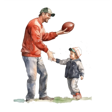 A father and son playing catch with a baseball or football, Watercolor, Clipart, transparent background PNG