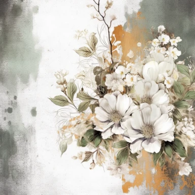 scrapbook paper template, intricate three small bouquets of white floral watercolor clipart on the borders on paper, luxurious textures, nature-inspired pieces, very high resolution