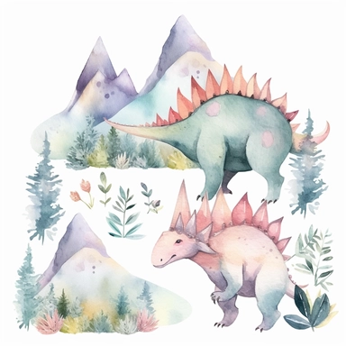 friendly, fluffy watercolor dinosaurs clipart, pastel colors, in the mountains, forest, separated, seamless, transparent background--AR 3:2