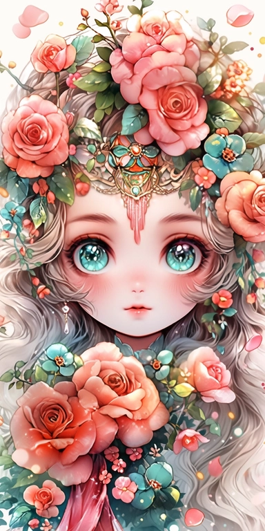 Watercolor beautiful wild roses fantasy forest fairy girl with beautiful face and big eyes with flowers, with angel wing, chibi kawaii animated style, vivid vibrant colors, intricate detail, hyper detailed, hyper quality, 32K, unreal engine, isolated on white background, kawaii, clipart