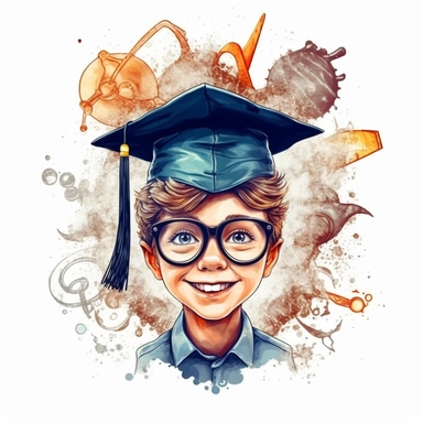 Graduation cap and diploma, brain with glasses, young happy child 8-12 years old, boy, vector style graphic, positive vibe, clipart, single design, white background