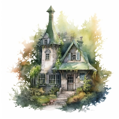 hyperrealistic high detailed green witches cottage in the woods, watercolor clipart, white background