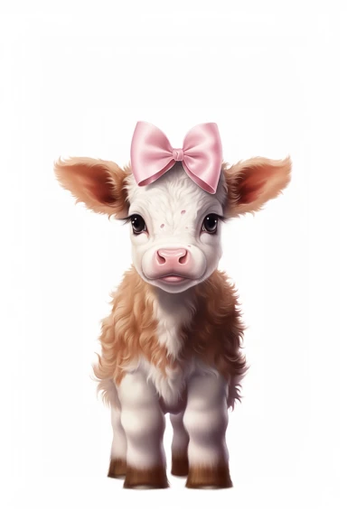a baby cow with pink bow, clipart, white background