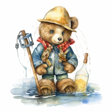 Clipart, watercolor, white background: A teddy bear holding a fishing net and wearing a pair of rubber boots, ready to explore the wonders of the underwater world.