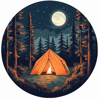 tent in woods, night time, full moon, stars nature, clip art, illustration, clipart, camp fire in front of tent, in a circle