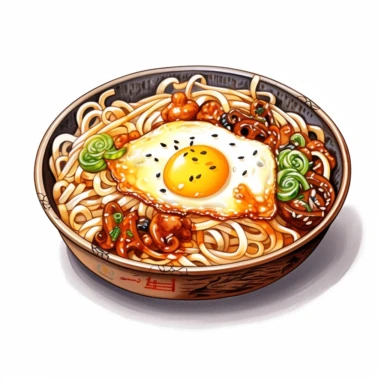 a delightful watercolor, hyper-realistic clipart image with a white background and white margins, showcasing a plate of Korea Jajangmyeon. The ultra-detailed, hand-drawn elements capture . Use whimsical touches to add a sense of freshness, and bold shades of yellow and brown to evoke the comforting and satisfying nature of this classic fast food dish