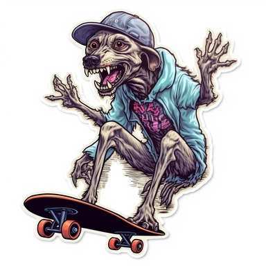 a sticker, artwork of t shirt graphic, a cool Zombie dog skateboarding by bernie wrightson, highly detailed clean, vector image, photorealistic masterpiece, professional photography, realistic, flat white background, isometric, vibrant vector, clipart, il