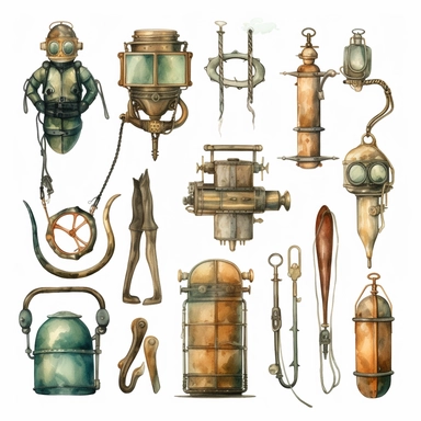 watercolor antique diving equipment , illustrations clipart set, simple, , cartoon elements ,different variants , brass elements, , separate elements with a margin, ,4k, high resolution