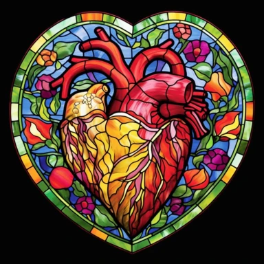 Design a captivating digital artwork of a Stained Glass Window Floral Heart Clipart, merging the artistry of stained glass windows with anatomical Valentine illustrations. Emulate the beauty of stained glass by creating a mosaic-like composition with floral elements intricately integrated into the heart shape. The style should evoke a sense of wonder and elegance, drawing inspiration from the intricate designs found in traditional stained glass windows. Experiment with lighting techniques to mim
