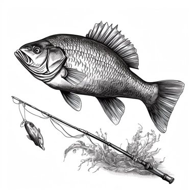 fishing rod and fish in black and white as clipart. White background