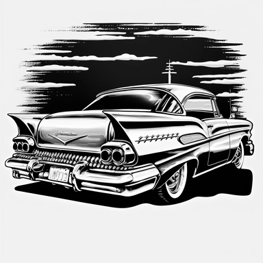 a car like 1950s chevrolet impala, in 1950s style, camera from below, black and white clipart