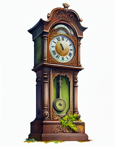 detailed watercolor vintage grandfather clock, realistic, isolated on white backgorund, clipart