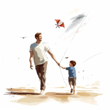 fathers day, clipart, father and son, fly kite in beach, white background