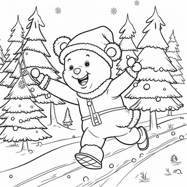 Coloring book page for kids, a Christmas tree, cute little bear in human costume, wearing Christmas hat, laughing, running cross country skiing, clipart, cartoon kids style hand drawn line art, black and white