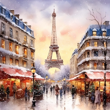 Christmas eve in Paris, style by Thomas Kinkade, watercolor, smooth gradients, black contour outline, ultra detailed, clipart elements, vibrant colors, solid white background, super clear, high quality