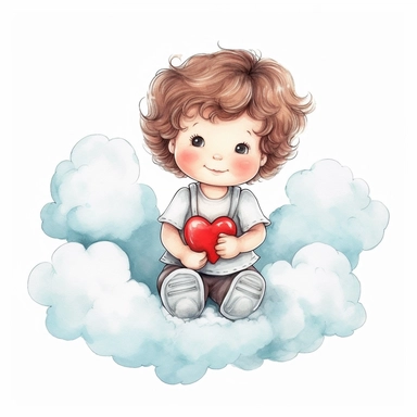 a happy cute little angel cupid a two year old sitting on the cloud, red heart in hands, style by Lusy Fleming, folk art, watercolor, clipart elements, smooth gradients, black contour outline, ultra detailed, white background, super clear, high quality
