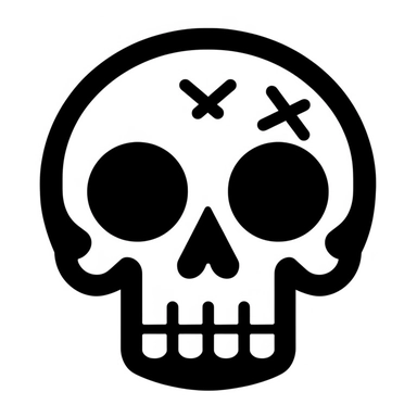 black and white silhouette of a cartoon skull and crossbone icon, clipart style, white background, thick lines, vector, simple design, flat colour, solid colour