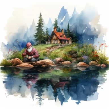 gnome fishing, mountain lake, cabin, vibrant color, clipart, watercolor illustration, white background