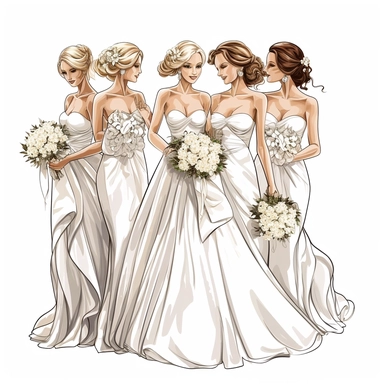 Bride and bridesmaids, high level of detail, vector clipart on white background