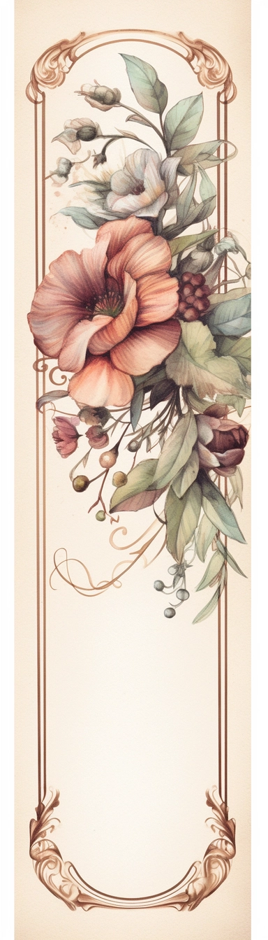 vintage inspired printable rectangle label with intricate sepia colored borders and hand drawn details. detailed with soft watercolor flowers at top edge only. No text. Isolated clipart on solid white background