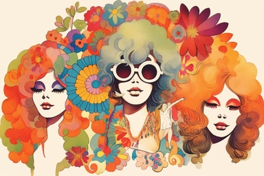 Colorful retro groovy 1970s clipart, watercolor