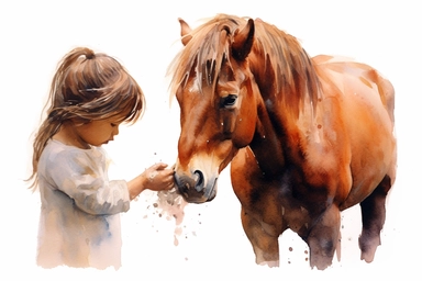 realistic watercolor drawing of a girl hand feeding a pony on a charming farm, on a white background where the background will be removed to repurpose as a clipart, vibrant color watercolors, love, realistic watercolor painting style