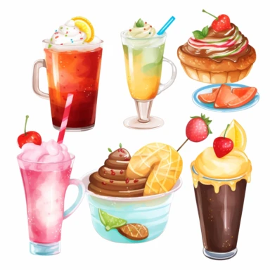 Food and beverage clipart - Create a set of mouth-watering food and drink illustrations like pizza slices, ice cream cones, coffee cups, and cocktails that customers can use for their restaurant menus or food blogs. ultra realistic and colorful