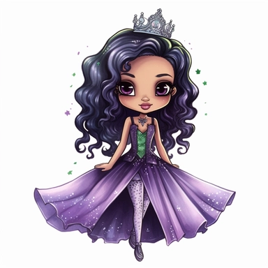 A cute detailed black girl in chibi style, Jasmine Becket - Griffith style, watercolour illustration clipart with real glitter detail, wearing a beautiful purple full length ballgown style dress, the girl has long black hair, the girl has green eyes, full body image, with feet isolated on a white background