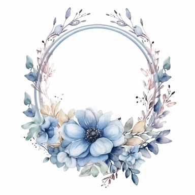 watercolor clipart of a empty suttle dainty floral oval frame surrounded by dusty blue color flowers. Capture the essence of blooming beauty and intricate details in your artwork, white background