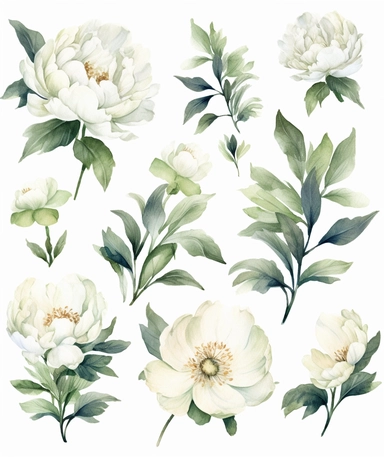 dreamy bohemian watercolor white peony flowers clipart,VINTAGE VICTORIAN STYLE, fairy style, muted color, watercolor touch, with elements of green leaves, wildflowers, elegant, light, airy, fresh, classy, modern, minimalist design, no borders, the overall aesthetic exudes modern and fresh, no text or writing, includes blank space for text and writing, WHITE background, watercolor splashes, FOR CARD, hd, white background: