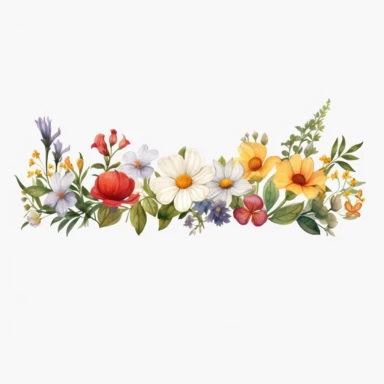 watercolor, Horizontal white banner or floral backdrop decorated with gorgeous multicolored blooming flowers and leaves border. Spring botanical png Full body realistic cartoon in 32K UHD cute. 15 cm thick outline. Black color. There was no shadow on the ground. 8k with realistic watercolors and detailed illustrations. PNG clipart, transparent white background