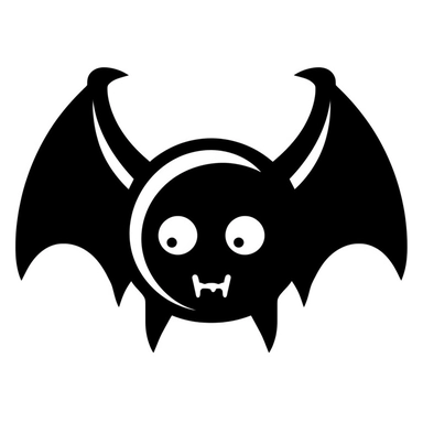 cartoon bat,black and white silhouette icon, clipart style, white background, thick lines, vector, simple design, flat colour, solid colour, halloweencore