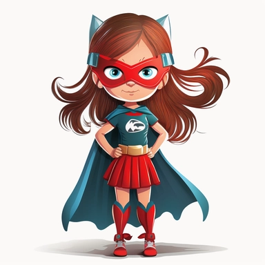 full body happy superhero little girl with black eye mask and childs dress, looking directly at the camera, in clipart style