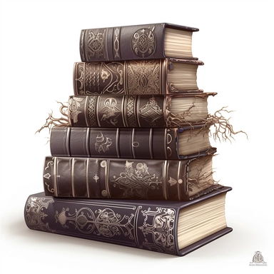 Create an impressive clipart of a clean, dark wizard's book stack on a pure white background. The design should incorporate elements of the gothic and fantasy genres, with dark hues and ornate designs on the books' spines. The lighting should be moody and shadowy, with a focus on the intricate details of the books' covers. The book stack should be perfectly symmetrical to create a sense of order and balance. Use a macro lens to capture the intricate details of the books' designs and play with th