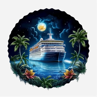 fantasy cruise ship in the moonlight, paradise island digital clipart on white background