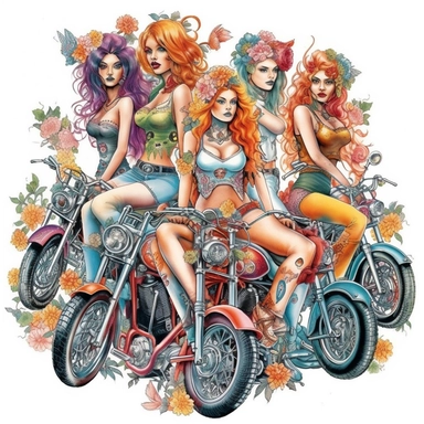 group of heavily tatted biker chicks pixie fairy flowers colorful Harley davidson theme clip art