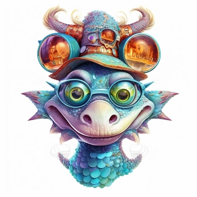 COMIC/CARTOON fantasy magical wacky dragon ,large eyeglasses, hats, muted colors, swirls, twists, twirls, metallic, glitter, stylized, funny, centered, airbrushed, digital oil, detailed illustration, clip art, cartoon, 8k, ar 9:8