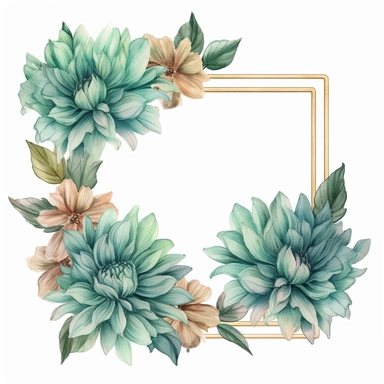 a floral frames made with teal and pastel teal Dahlia flowers, wet on dry watercolour style, antique look, clipart, white background