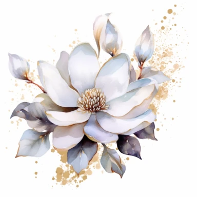 clipart magnolia, watercolor, white background, silver sequins