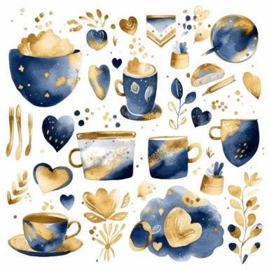 collection of watercolor clipart, hearts and coffee theme, by mary blair, white background, navy blue, gold and chocolate colors, print on demand image, PNG transparent background, white background, 8k