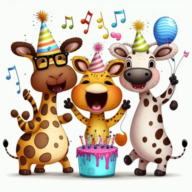 clipart birthday party little animals.,artistic painting style , cute and sweet, they are smiling and happy, they are singing happy birthday, dancing and super excited, 3d with vibrant colors, white background and no text or caption